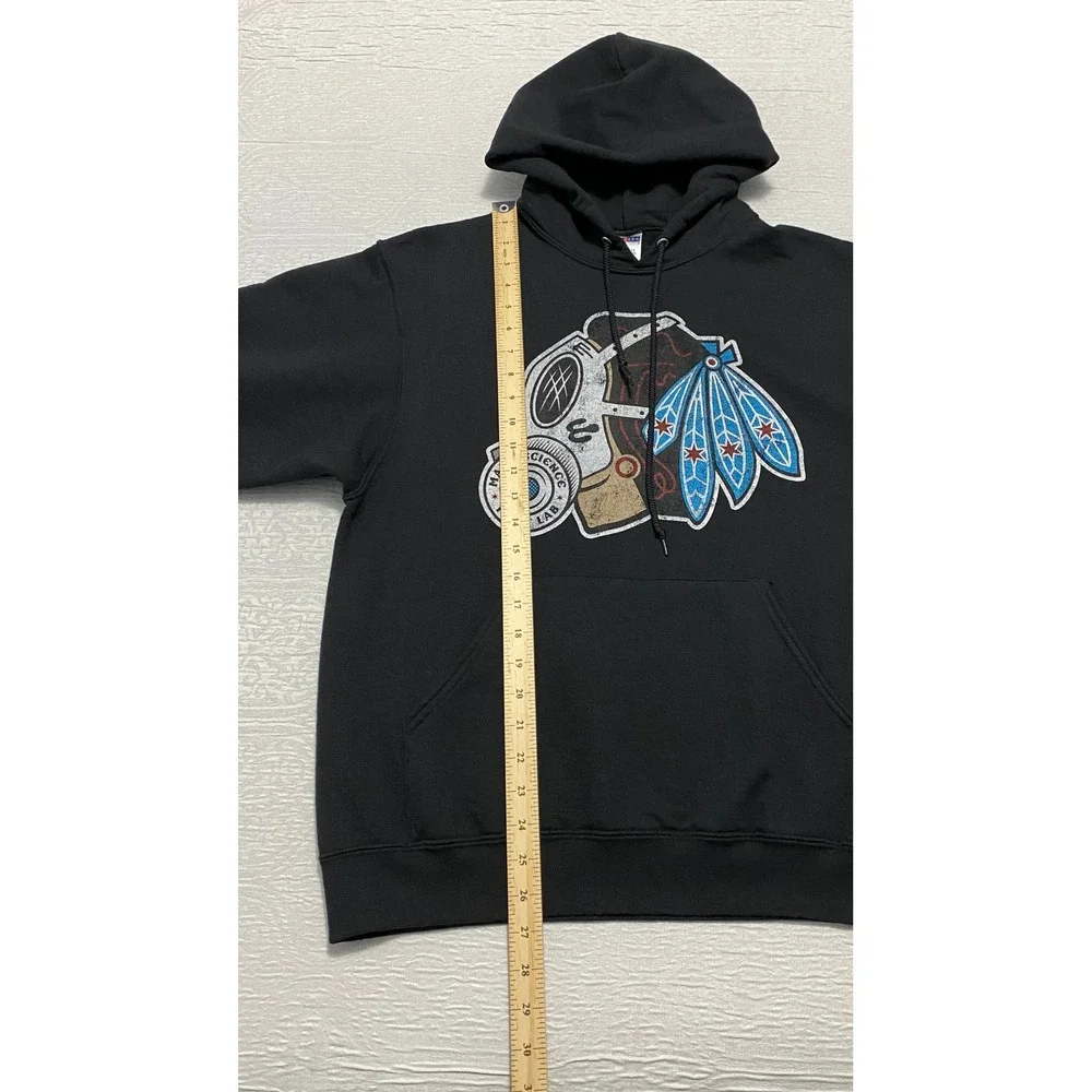 Madd Science Print Lab Graphic Hoodie Black Gas Mask Feather Logo Jerzees Mens M - Picture 7 of 9